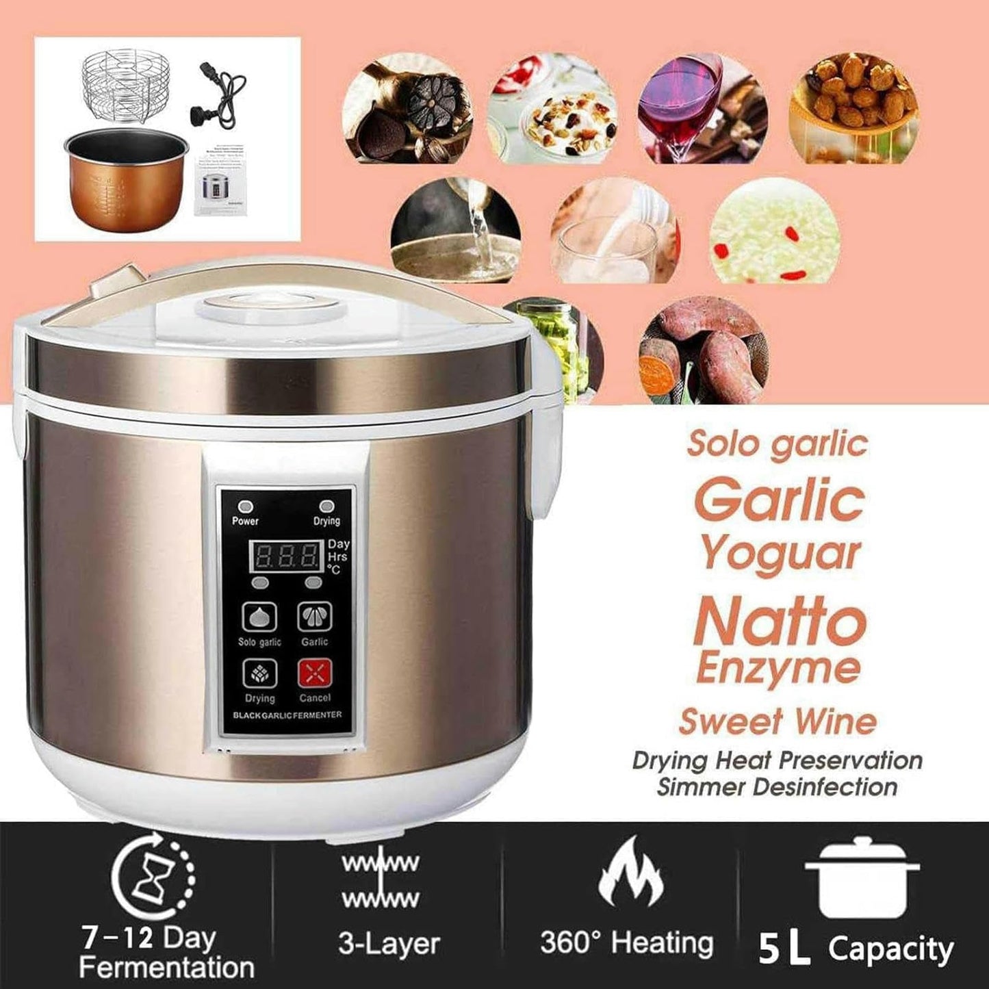 Fermentador FKINGLRK 5–6 L – Automático, Negro